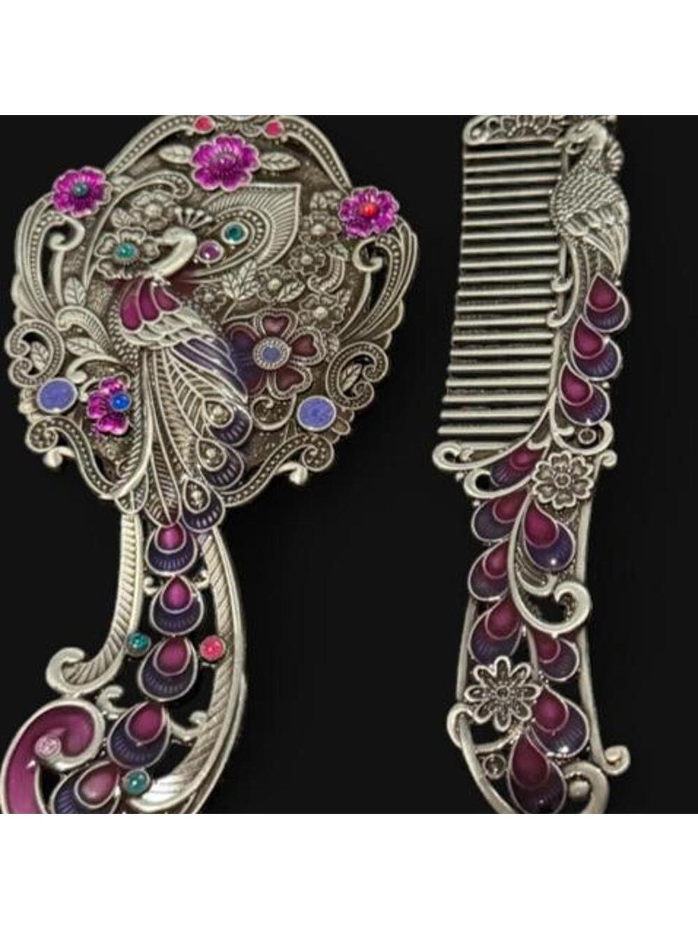 Metal sturdy Peacock Hand Mirror and Comb Set w/beautiful coloring